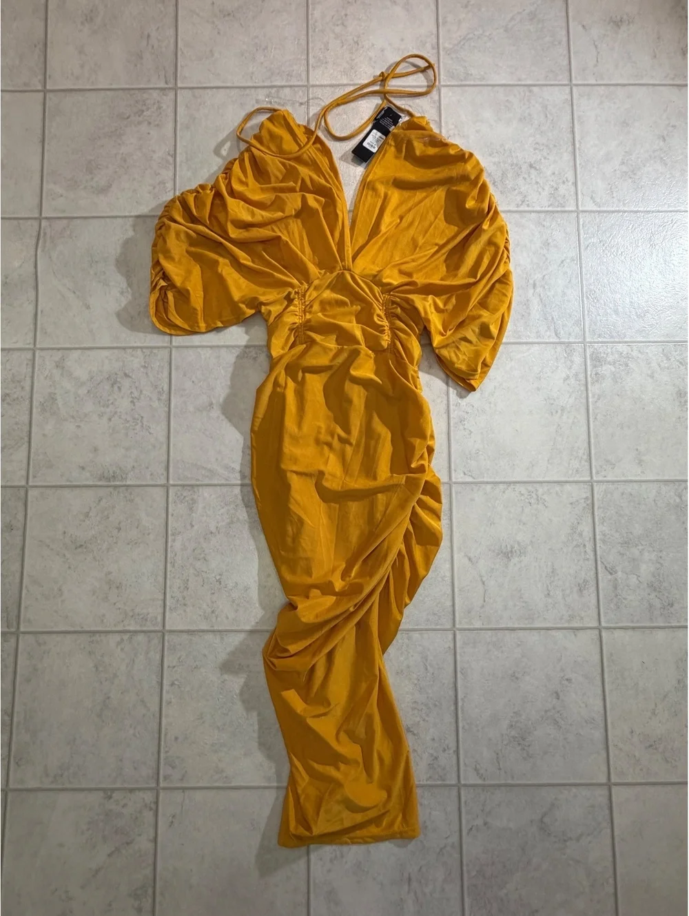 Fashion Nova Mandy Ruched Midi Dress in Mustard, Size M